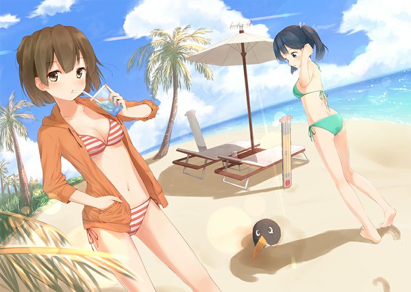 Anime picture 1049x745 with kantai collection souryuu aircraft carrier hiryuu aircraft carrier suke (momijigari) looking at viewer short hair breasts blue eyes light erotic brown hair bare shoulders multiple girls brown eyes blue hair sky cleavage cloud (clouds) ass barefoot sunlight