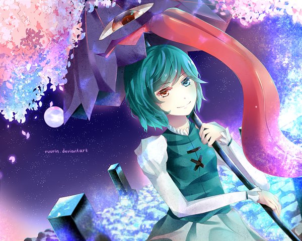 Anime picture 1280x1024 with touhou tatara kogasa ruurin-chan (artist) single looking at viewer short hair smile long sleeves aqua hair heterochromia cherry blossoms eyes girl dress petals tongue moon umbrella full moon cemetery