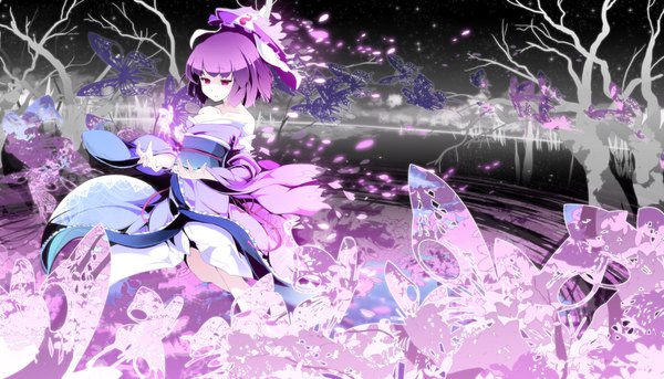 Anime picture 1920x1100 with touhou saigyouji yuyuko asakura masatoki single highres short hair wide image purple eyes purple hair japanese clothes cherry blossoms girl plant (plants) petals tree (trees) water kimono insect butterfly