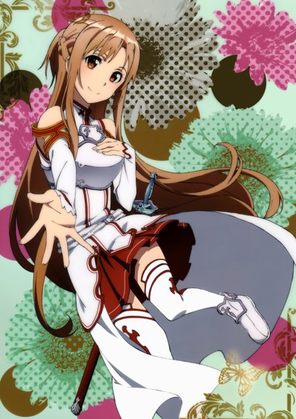 Anime picture 2100x2970 with sword art online a-1 pictures yuuki asuna single long hair tall image highres smile brown hair brown eyes girl thighhighs flower (flowers) weapon detached sleeves white thighhighs sword