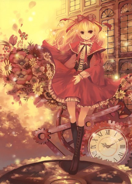 Anime picture 2163x3008 with original mirusa single long hair tall image highres blonde hair smile red eyes absurdres lolita fashion girl dress flower (flowers) bow ribbon (ribbons) hair bow hair ribbon knee boots clock