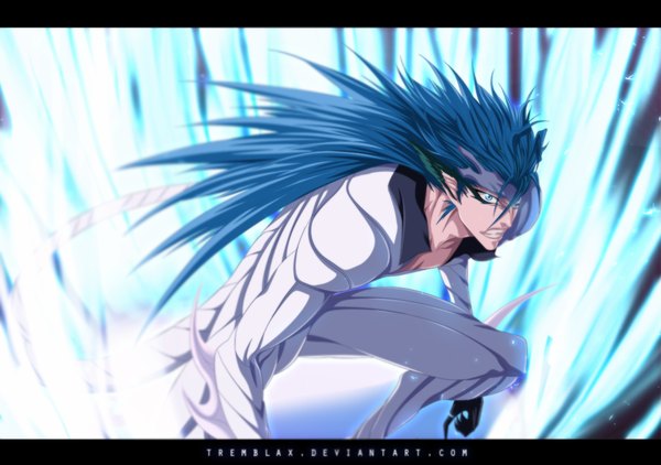 Anime picture 1100x774 with bleach studio pierrot grimmjow jeagerjaques tremblax single long hair blue eyes blue hair tail grin coloring light letterboxed angry espada boy