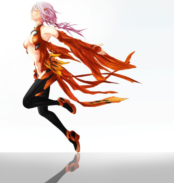 Anime picture 1429x1500 with guilty crown production i.g yuzuriha inori egoist0 single long hair tall image breasts light erotic simple background white background bare shoulders pink hair eyes closed reflection center opening girl thighhighs gloves navel