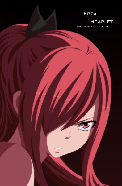 Anime picture 1500x2278 with fairy tail erza scarlet akira-12 single long hair tall image fringe red eyes ponytail red hair hair over one eye inscription coloring dark background close-up face girl bow hair bow