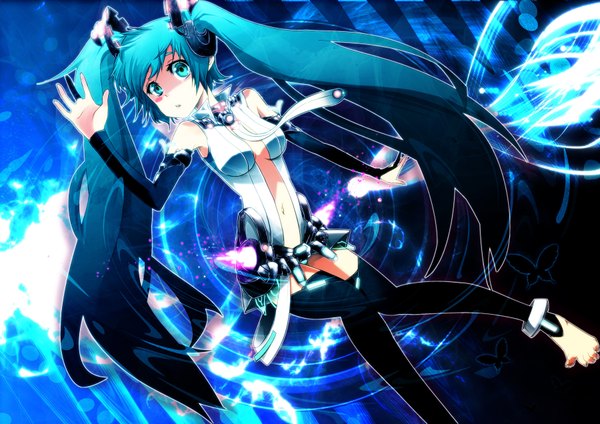 Anime picture 1800x1272 with vocaloid vocaloid append hatsune miku hatsune miku (append) zen33n highres blue eyes twintails blue hair barefoot zettai ryouiki girl thighhighs gloves navel partly fingerless gloves