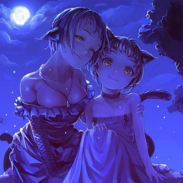 Anime picture 1500x1500 with original toreador looking at viewer blush short hair breasts light erotic smile large breasts sitting bare shoulders multiple girls animal ears cleavage cloud (clouds) animal tail cat ears night cat girl cat tail