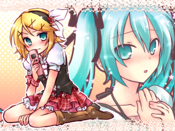 Anime picture 1280x960 with vocaloid hatsune miku kagamine rin blush multiple girls girl 2 girls