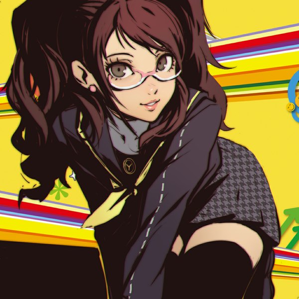 Anime picture 1024x1024 with persona 4 persona kujikawa rise ilya kuvshinov single long hair looking at viewer smile brown hair twintails brown eyes parted lips zettai ryouiki lipstick on all fours pink lipstick girl thighhighs skirt black thighhighs