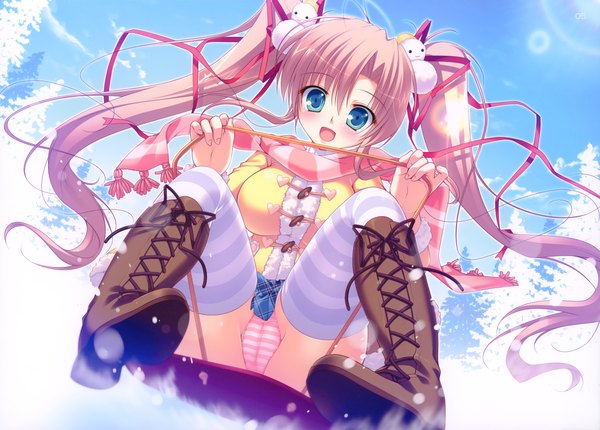 Anime picture 3993x2866 with mikeou single long hair blush highres open mouth blue eyes light erotic brown hair twintails absurdres girl thighhighs underwear panties ribbon (ribbons) hair ribbon jacket boots scarf