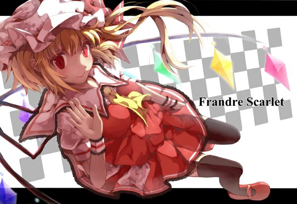 Anime picture 1024x705 with touhou flandre scarlet yasiromann single looking at viewer short hair blonde hair smile red eyes one side up girl thighhighs dress black thighhighs wings bonnet crystal