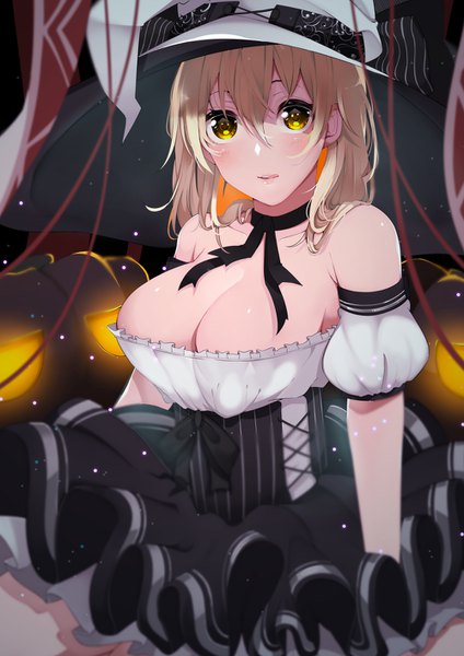 Anime picture 1000x1414 with original akuan (7jackpot7) single long hair tall image looking at viewer blush fringe breasts light erotic hair between eyes large breasts sitting bare shoulders yellow eyes cleavage puffy sleeves glowing halloween :q