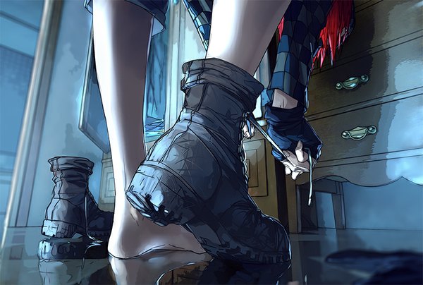 Anime picture 800x539 with fisheye placebo robin soloviev yuumei single standing barefoot orange hair legs reflection lacing girl gloves shoes fingerless gloves