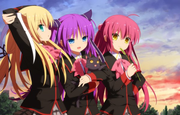 Anime picture 1250x800 with little busters! key (studio) sasasegawa sasami tokido saya futaki kanata haribote (tarao) long hair blush open mouth blue eyes blonde hair multiple girls yellow eyes pink hair sky purple hair cloud (clouds) girl uniform bow