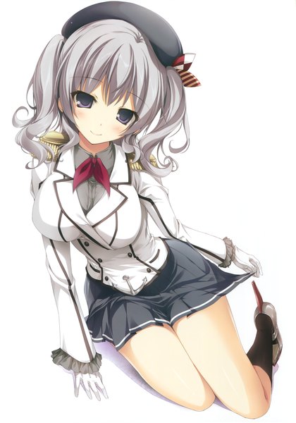 Anime picture 2662x3800 with kantai collection kashima training cruiser karory single tall image looking at viewer blush fringe highres short hair breasts simple background smile hair between eyes large breasts white background sitting purple eyes twintails payot