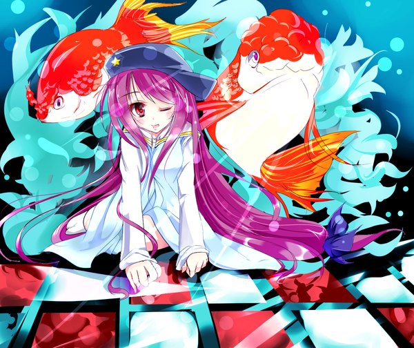 Anime picture 1426x1200 with original kown (artist) single looking at viewer blush open mouth red eyes sitting purple hair very long hair one eye closed wink girl animal fish (fishes) clothes