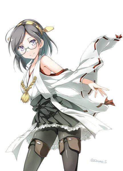 Anime picture 756x1051 with kantai collection kirishima battleship shinohara shinome single tall image looking at viewer short hair blue eyes black hair simple background white background traditional clothes light smile nontraditional miko girl hair ornament pantyhose glasses