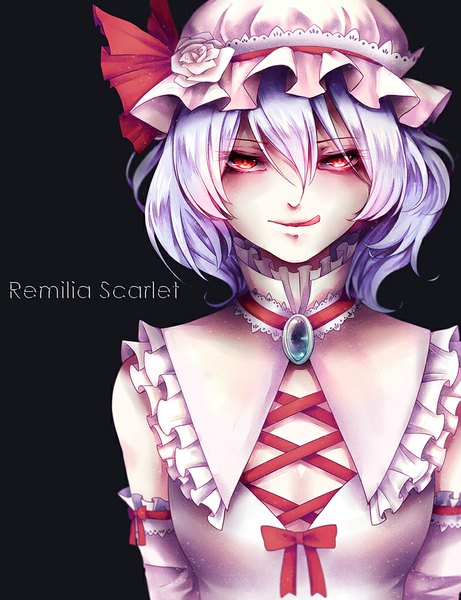 Anime picture 800x1040 with touhou remilia scarlet ling (vivianling) single tall image looking at viewer short hair simple background smile red eyes purple hair character names black background adapted costume girl detached sleeves tongue bonnet brooch