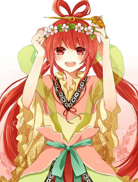 Anime picture 800x1050 with magi the labyrinth of magic a-1 pictures ren kougyoku single long hair tall image blush open mouth simple background red eyes white background red hair girl dress hair ornament flower (flowers) wreath