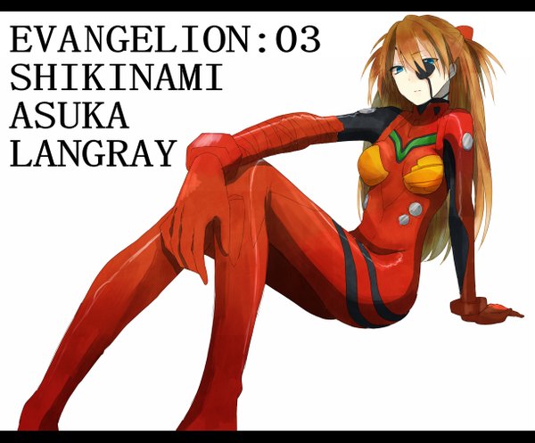 Anime picture 1221x1012 with neon genesis evangelion rebuild of evangelion evangelion: 3.0 you can (not) redo gainax soryu asuka langley natsumi foooo single long hair looking at viewer blue eyes simple background brown hair white background sitting inscription girl eyepatch pilot suit