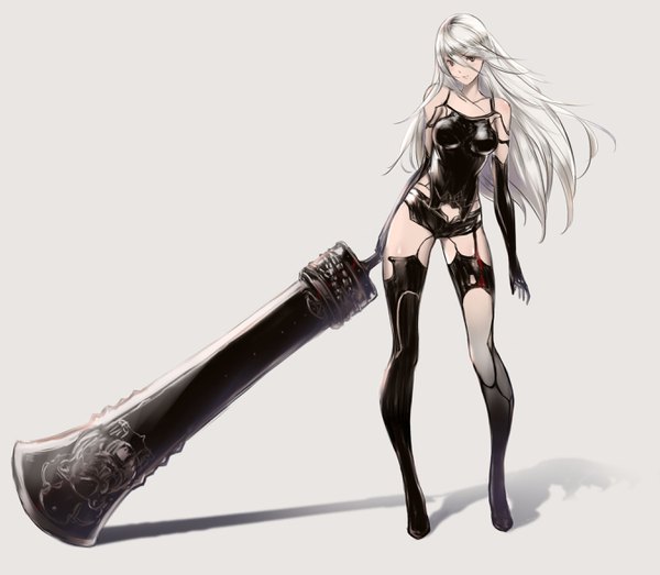 Anime picture 2693x2350 with nier nier:automata yorha type a no. 2 chococuco single long hair looking at viewer fringe highres breasts blue eyes light erotic simple background hair between eyes standing silver hair full body head tilt grey background mole