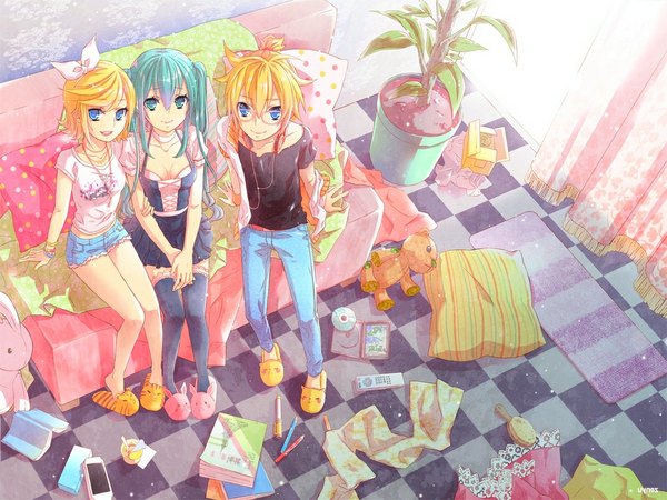 Anime picture 1024x768 with vocaloid hatsune miku kagamine rin kagamine len long hair looking at viewer short hair blue eyes blonde hair smile twintails aqua eyes aqua hair girl plant (plants) glasses shoes pillow couch room