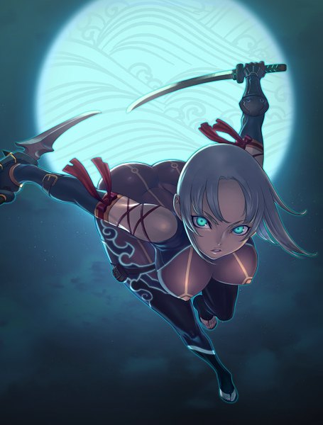 Anime picture 1047x1382 with original sethxzoe single tall image looking at viewer short hair bare shoulders holding green eyes silver hair jumping dual wielding girl gloves bow weapon sword elbow gloves belt thigh strap