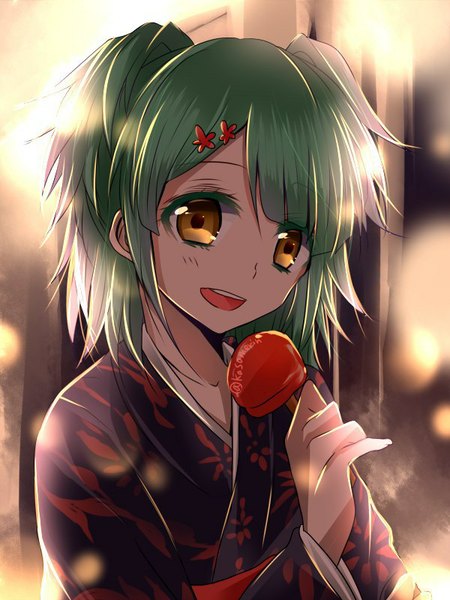 Anime picture 600x800 with ansatsu kyoushitsu kayano kaede tagme (artist) single long hair tall image looking at viewer blush simple background twintails holding yellow eyes traditional clothes parted lips head tilt japanese clothes fingernails green hair wide sleeves floral print