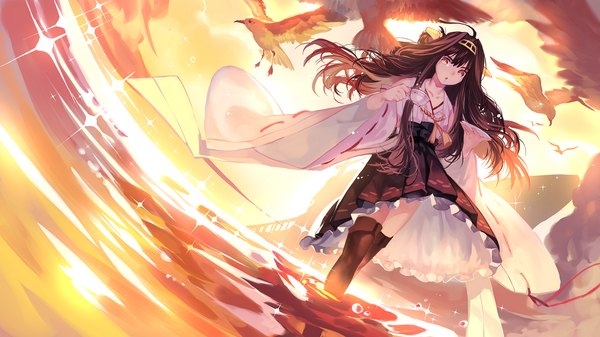 Anime picture 1200x675 with kantai collection kongou battleship joseph lee single long hair looking at viewer brown hair wide image yellow eyes sky cloud (clouds) evening sunset nontraditional miko girl hair ornament detached sleeves animal water sea