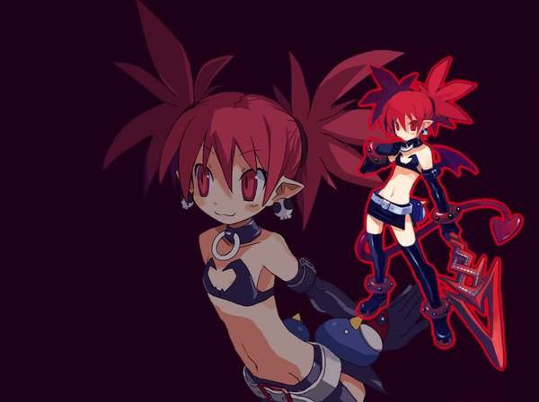 Anime picture 1028x768 with disgaea etna (disgaea) twintails demon wings earrings miniskirt