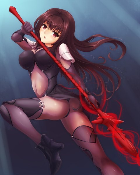 Anime picture 1200x1500 with fate (series) fate/grand order fate/stay night type-moon scathach (fate) (all) scathach (fate) ahsiu single long hair tall image looking at viewer blush fringe open mouth light erotic red eyes brown hair holding nipples ass