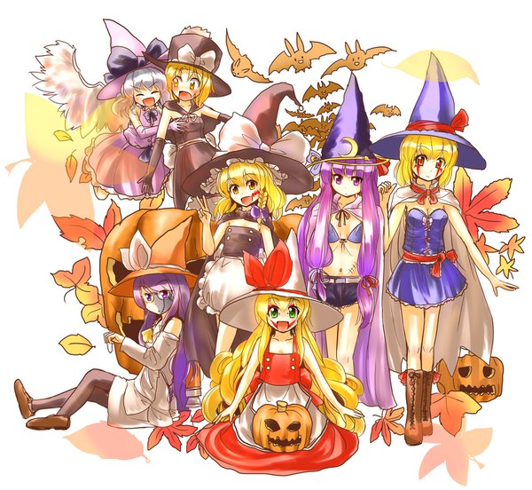 Anime picture 1542x1420 with touhou kirisame marisa patchouli knowledge alice margatroid mai (touhou) yuki (touhou) ellen asakura rikako culter long hair looking at viewer blush short hair open mouth blonde hair purple eyes multiple girls green eyes yellow eyes silver hair