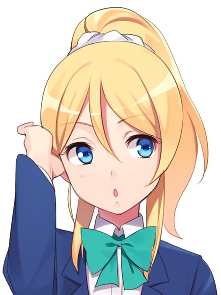 Anime picture 600x800 with love live! school idol project sunrise (studio) love live! ayase eli ssberit single tall image fringe short hair blue eyes blonde hair simple background hair between eyes white background looking away ponytail :o adjusting hair portrait girl