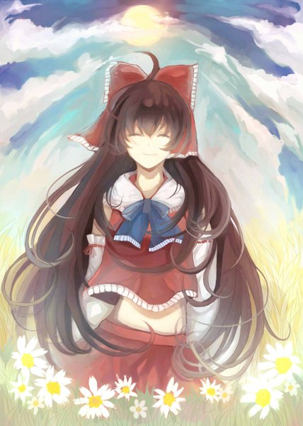 Anime picture 1000x1400 with touhou hakurei reimu single long hair tall image fringe smile brown hair standing sky cloud (clouds) eyes closed wind light happy alternate hairstyle field girl skirt hair ornament