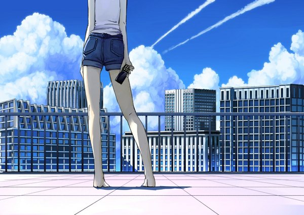 Anime picture 1000x707 with original domo1220 single standing holding sky cloud (clouds) ass barefoot from behind shadow no shoes city cityscape girl shorts building (buildings) tank top phone skyscraper