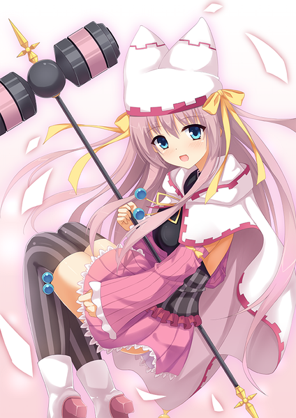 Anime picture 707x1000 with sanoba witch yuzusoft shiiba tsumugi suzuame yatsumi single long hair tall image looking at viewer blush open mouth blue eyes simple background white background holding pink hair :d wide sleeves floating hair pink background girl