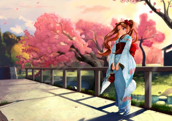 Anime picture 1202x850 with original jake probelski (ochrejelly) single long hair blush smile twintails green eyes sky cloud (clouds) traditional clothes japanese clothes sunlight orange hair shadow cherry blossoms sunbeam river girl plant (plants)