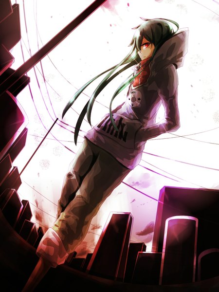 Anime picture 1500x2000 with original natsu-san single long hair tall image looking at viewer red eyes sky green hair wind city hands in pockets girl hood