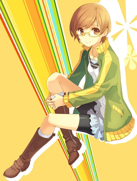 Anime picture 850x1125 with persona 4 persona satonaka chie h2so4 single tall image short hair smile brown hair sitting brown eyes looking away yellow background girl socks glasses pendant white socks knee boots leggings