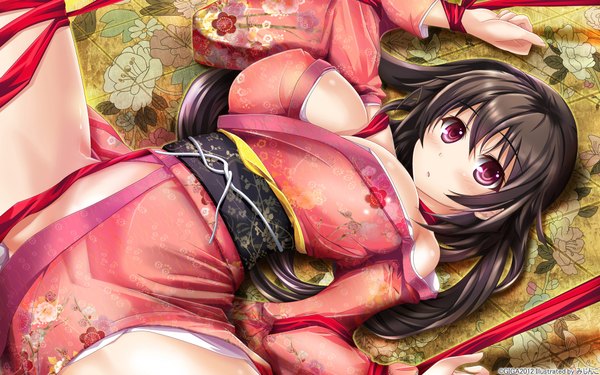 Anime picture 1920x1200 with hotch kiss giga ashikawa yukino mikoto akemi single long hair looking at viewer blush highres breasts light erotic black hair red eyes wide image large breasts lying japanese clothes spread legs girl ribbon (ribbons)