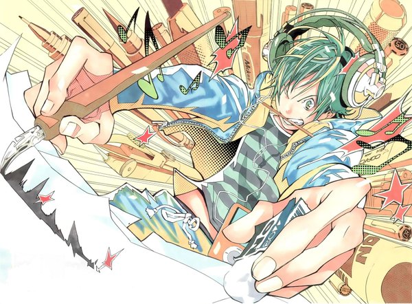 Anime picture 1900x1400 with bakuman. j.c. staff mashiro moritaka tagme (artist) highres green eyes green hair boy headphones star (symbol) pen