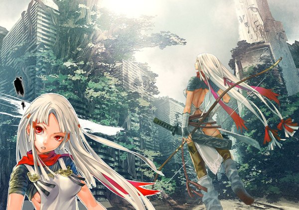 Anime picture 1280x900 with original redjuice long hair breasts red eyes multiple girls white hair sideboob city ruins overgrown girl dress bow ribbon (ribbons) weapon 2 girls plant (plants) hair bow hair ribbon