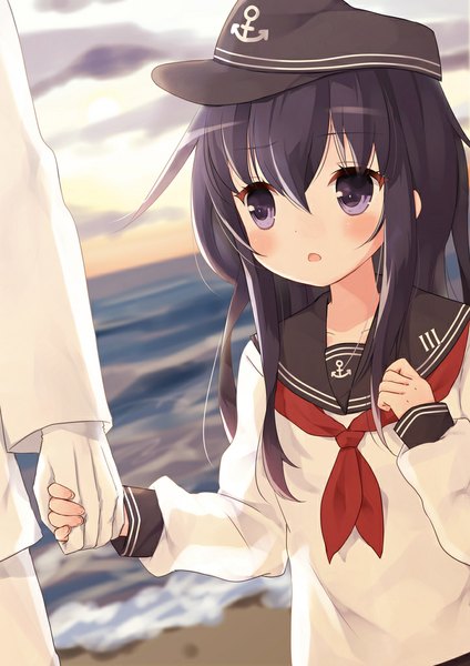 Anime picture 723x1023 with kantai collection akatsuki destroyer akatsuki (kantai collection) purin jiisan long hair tall image blush black hair hair between eyes purple eyes looking away sky beach holding hands girl gloves sea sailor suit flat cap anchor symbol