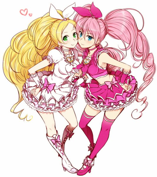 Anime picture 887x1000 with precure suite precure toei animation cure melody cure rhythm minazuki randoseru long hair tall image blush blue eyes blonde hair smile twintails bare shoulders green eyes pink hair ponytail girl thighhighs dress