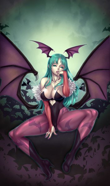 Anime picture 1773x3000 with vampire / darkstalkers (game) capcom morrigan aensland sethxzoe long hair tall image looking at viewer highres breasts light erotic large breasts green eyes cleavage green hair spread legs finger to mouth demon girl bat wings head wings naughty face