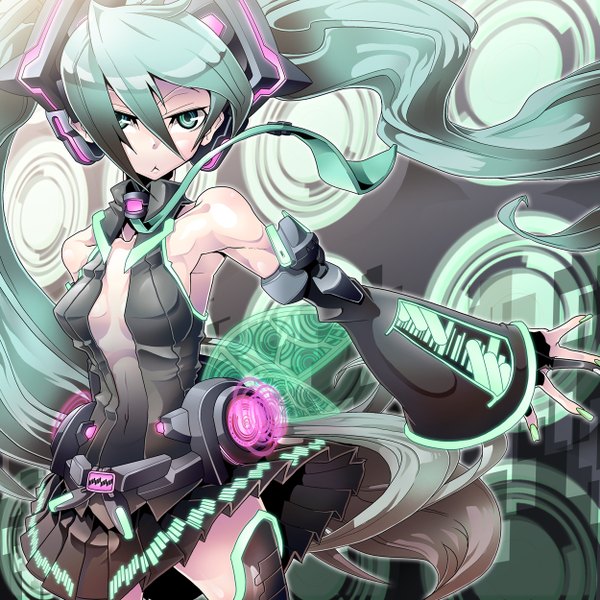 Anime picture 1250x1250 with vocaloid hatsune miku t.a.k. single long hair looking at viewer fringe breasts hair between eyes standing twintails bare shoulders green eyes very long hair nail polish pleated skirt fingernails green hair wide sleeves sideboob