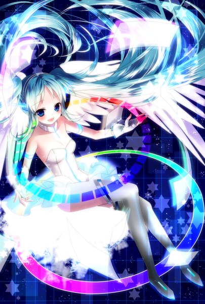 Anime picture 1377x2039 with vocaloid hatsune miku nishina (alive001) single tall image blush open mouth blue eyes twintails very long hair aqua hair girl thighhighs black thighhighs fingerless gloves star (symbol) suit