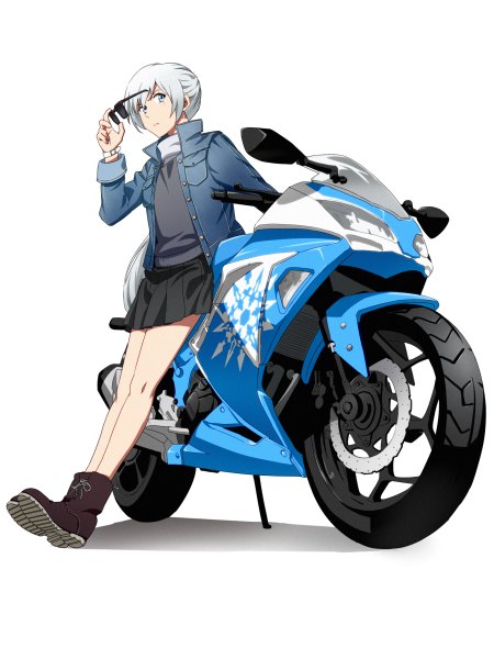 Anime picture 1800x2400 with rwby rooster teeth weiss schnee kurohane single tall image fringe highres short hair blue eyes simple background white background holding looking away silver hair pleated skirt from below scar sunglasses removed denim