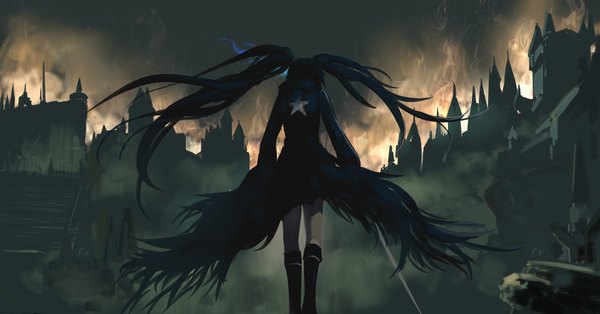 Anime picture 2209x1157 with black rock shooter bloodborne from software black rock shooter (character) otaku (artist) single highres black hair wide image twintails sky very long hair back glowing smoke glowing eye (eyes) cosplay gothic girl star (symbol)
