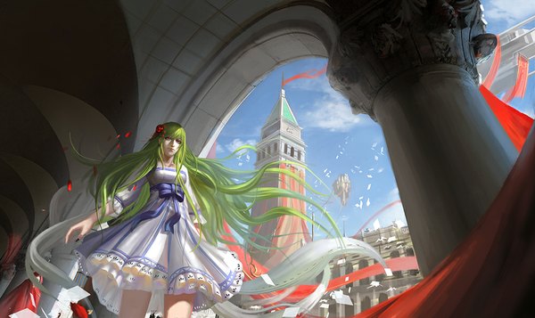 Anime picture 1000x595 with original narcolepsy-1900 single long hair looking at viewer fringe breasts red eyes wide image standing sky cloud (clouds) nail polish hair flower fingernails green hair wind lips from below glowing