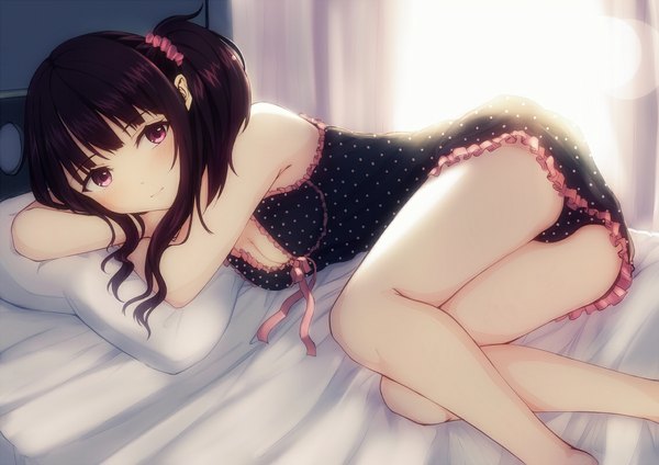 Anime picture 1131x800 with original 96tuki single long hair looking at viewer blush light erotic black hair purple eyes lying girl underwear panties bed